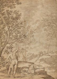 Apollo staand in een rivierlandschap door Donato Creti